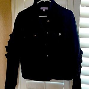 Black Jean Jacket w/ ruffled arms and ruffle in back size L